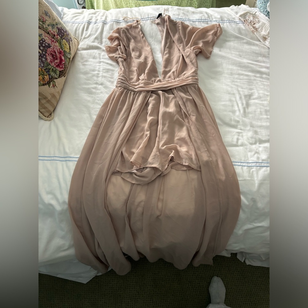 Windsor Tan Backless Dress with shorts underneath and flowing dress around